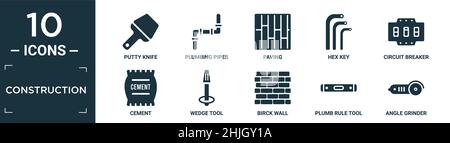 set di icone per costruzione piena. contiene coltello per stucco piatto, tubi idraulici, pavimentazione, chiave esagonale, interruttore automatico, cemento, utensile a cuneo, parete di birck, metro a piombo t Illustrazione Vettoriale