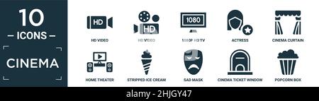 set di icone cinematografiche piene. contiene video hd piatto, video hd, tv hd 1080p, attrice, cinema tenda, home theatre, cono gelato a strisce, maschera triste, cinema Illustrazione Vettoriale