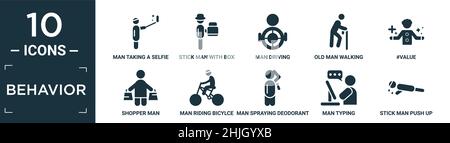 filled behavior icon set. contiene uomo piatto che prende un selfie, uomo bastone con scatola, uomo che guida, vecchio camminare, #value, shopper che guida bicilce, spray deo Illustrazione Vettoriale