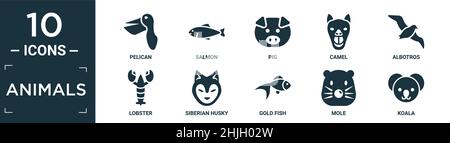 animali riempiti icona set. contengono pelican piatto, salmone, maiale, cammello, albotros, aragosta, husky siberiano, pesci d'oro, talpa, icone koala in formato modificabile. Illustrazione Vettoriale