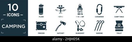 set di icone piene per campeggio. contiene fiasca piatta, picnic, lampada antincendio, moschettone, tavolo da campeggio, freezer, hatchet, slingshot, sardine, icone wc in modificabile Illustrazione Vettoriale