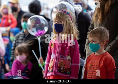 Seattle, Washington, Stati Uniti. 29th Gennaio 2022. I visitatori assistono a una dimostrazione di danza del leone del sud presso la Lunar New Year Fair nel quartiere internazionale di Chinatown a Seattle. Centinaia di persone si sono riunite in un evento ridotto per inaugurare l'anno della Tigre come casi di declino del COVID-19 nell'area metropolitana di Seattle. Credit: Paul Christian Gordon/Alamy Live News Foto Stock