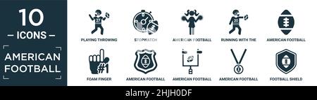 set di icone football americano pieno. contiene piatto che gioca gettando la palla in mano, cronometro, american football cheerleader salto, correre con il Illustrazione Vettoriale