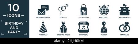 set di icone piene di compleanno e festa. contiene lettera di nozze piatta, sessi, lucchetto amore, palla da discoteca, torta di nozze, cappello da festa, abito da sposa, proposta, Illustrazione Vettoriale