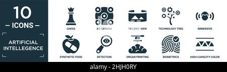set di icone per l'intellettenza artificiale pieno. contiene scacchi piatti, macchina fotografica per le orecchie, campo visivo, albero tecnologico, immersivo, alimenti sintetici, rilevamento, pr. organo Illustrazione Vettoriale