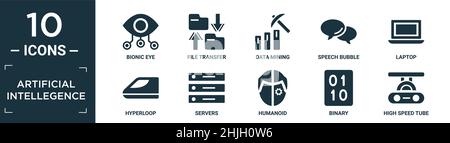 set di icone di intelletto artificiale riempito. contengono occhio bionico piatto, trasferimento di file, data mining, bolla vocale, laptop, hyperloop, server, umanoide, bin Illustrazione Vettoriale