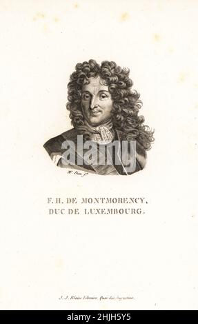 Duca di Lussemburgo, generale francese, 1628-1695. Francois Henri de Montmorency, Duca di Piney-Luxembourg, l'Upholsterer di Notre-Dame, Maresciallo di Francia. F.H. de Montmorency, Duc de Luxembourg. Incisione copperplate di Claude Marie Francois Dien dopo Hyacinthe Rigaud da Marie de Rabutin-Chantal Sevigne’s Collection des Vingt Portraits du Siecle de Louis XIV, Collezione del 20 Portraits del secolo di Re Luigi XIV, J.J. Blaise, bibliotecario, Quai des Augustins, Parigi, 1818. Foto Stock