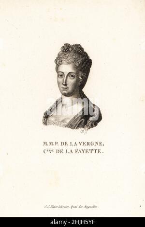 Marie-Madeleine Pioche de la Vergne, scrittore francese, 1634-1693. Madame de la Fayette MMP de la Vergne, Comtesse de la Fayette. Incisione in copperplate di D della Collezione des Vingt Portraits du Siecle de Louis XIV di Marie de Rabutin-Chantal Sevigne, Collezione dei 20 Ritratti del secolo di Re Luigi XIV, J.J. Blaise, bibliotecario, Quai des Augustins, Parigi, 1818. Foto Stock