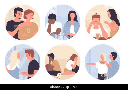 Coppia di donna e uomo litigare in avatar rotondo set illustrazione vettoriale. Cartone animato arrabbiato moglie e marito litigando, sposato triste due persone infelice con problema nel rapporto. Concetto di divorzio Illustrazione Vettoriale