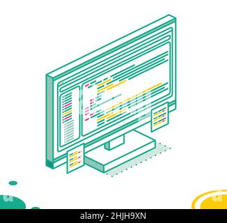 Monoblocco isometrico per PC con codice programma e due adesivi. Monitor contorno isolato su sfondo bianco. Illustrazione vettoriale. Illustrazione Vettoriale