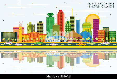 Nairobi Kenya skyline della città con edifici di colore, cielo blu e riflessi. Illustrazione Vettoriale. Viaggi di lavoro e di concetto con architettura moderna. Illustrazione Vettoriale
