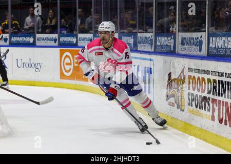 29 gennaio 2022: Il difensore americano Rochester Peter Tischke (16) prende il puck intorno alla rete nel primo periodo contro le comete di Utica. I Rochester Americani hanno ospitato le comete Utica su Rosa nella notte Rink in una partita della American Hockey League alla Blue Cross Arena di Rochester, New York. (Jonathan Tenca/CSM) Foto Stock