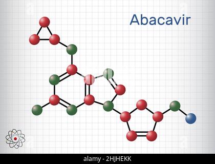 Abacavir, molecola ABC. È un inibitore della transcriptasi inversa nucleosidica antivirale NRTI, usato per il trattamento dell'HIV e dell'AIDS. Modello di molecola. Foglio Illustrazione Vettoriale