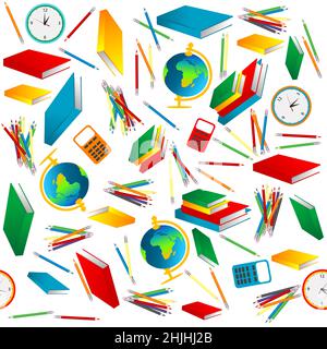 Modello senza cuciture con matite, libri e vari materiali scolastici su sfondo bianco Illustrazione Vettoriale