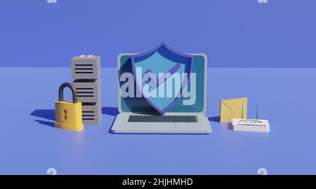 concetto di sicurezza di rete con badge sicuro e computer server . 3d rendering illustrazione Foto Stock