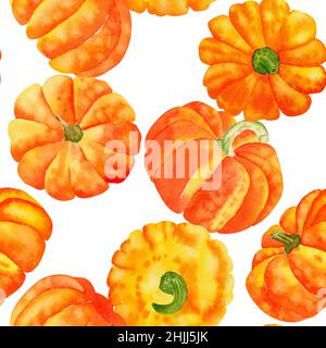 Acquerello modello con zucche autunnali, giorno di ringraziamento, settembre e ottobre Foto Stock