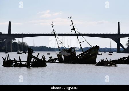 Relitti di barche da pesca in legno abbandonate nel fiume Blavet vicino Lorient, Bretagna. Foto Stock