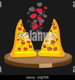 Pizza fetta ragazza ragazzo cuori San Valentino s giorno su sfondo isolato scuro immagine vettoriale Illustrazione Vettoriale