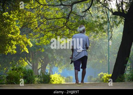 L'uomo anziano passa da solo attraverso il parco Foto Stock