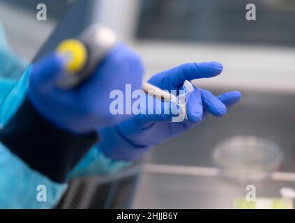 Primo piano di uno scienziato che utilizza la pipetta per versare il liquido in una provetta Eppendorf Foto Stock