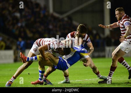 Warrington, Inghilterra - 29 gennaio 2022 - Matty Ashton di Warrington Wolves affrontò durante la Rugby League Betfred Super League friendly Warrington Wolves vs Warriors Wigan all'Halliwell Jones Stadium di Warrington, Regno Unito Dean Williams Foto Stock