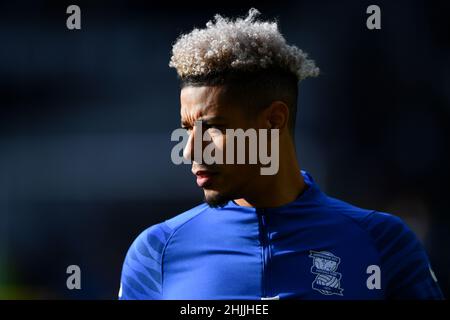 DERBY, REGNO UNITO. GEN 30th Lyle Taylor di Birmingham City si riscalda prima del calcio d'inizio durante la partita del campionato Sky Bet tra Derby County e Birmingham City al Pride Park di Derby domenica 30th gennaio 2022. (Credit: Jon Hobley | MI News) Credit: MI News & Sport /Alamy Live News Foto Stock