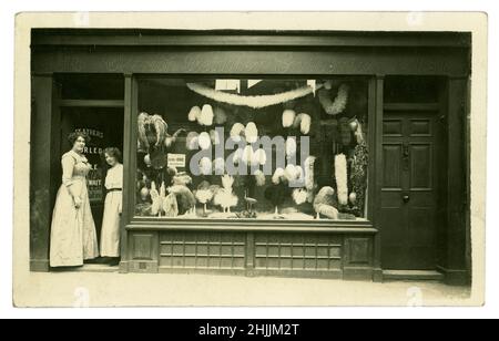 Originale molto chiaro, affascinante inizio '900 Edwardian / Titanic era cartolina di 2 assistenti / proprietari negozio femminile fuori del negozio di Ostrich Feather Emporium. Caratteri locali. Un cartello sulla porta del negozio dice 'piume arricciate mentre aspettate', il negozio vende piume di struzzo per adornare gli elaborati grandi cappelli di Signore alla moda. Nella finestra sono visualizzate molte piume di struzzo e un modello di allestimento da officina di struzzo. La moda per le piume di cappello ha messo in pericolo alcune specie di uccelli e ha portato alla creazione della Royal Society for the Protection of Birds (RSPB) in Gran Bretagna - circa 1911, Regno Unito Foto Stock