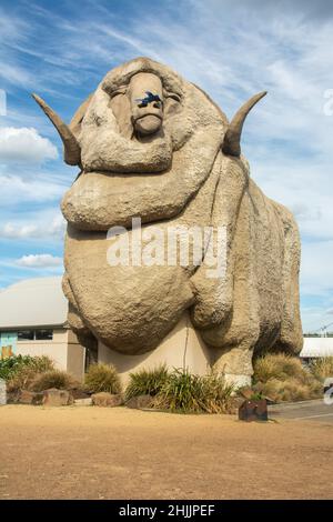 Una delle grandi cose dell'Australia - il Grande Merino soprannominato 'Rambo' a Goulburn, nuovo Galles del Sud, Australia Foto Stock