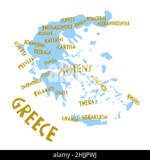 Mappa stilizzata vettoriale disegnata a mano delle città della Grecia. Illustrazione di viaggio. Illustrazione della geografia della Repubblica ellenica. Elemento mappa Europa Illustrazione Vettoriale