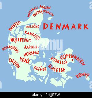 Mappa stilizzata a mano vettoriale delle città della Danimarca. Illustrazione di viaggio. Illustrazione geografica del Regno di Danimarca. Elemento mappa Europa Illustrazione Vettoriale