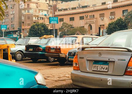 Cairo Egitto Dicembre 2021 cane vagare che dorme sul tetto di una macchina parcheggiata. Simbolo di animali affamati, povertà che circonda il centro della città Foto Stock