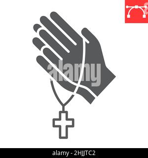 Pregate l'icona del glifo, la speranza e il cristianesimo, pregate le mani con l'icona del vettore rosario, grafica vettoriale, segno solido del tratto modificabile, eps 10. Illustrazione Vettoriale