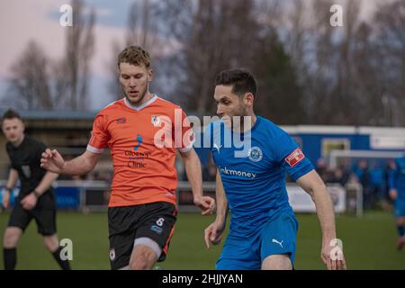 Gorsey Lane, Warrington, Inghilterra, 29th gennaio, 2022. Dean Furman fa il suo debutto per Warrington Rylands contro Glossop North End nella NPL. Foto Stock