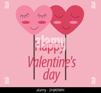 Simbolo del giorno di San Valentino felice. Due cuori su un bastone con occhi e guance sono timidi e in amore e felice San Valentino scritta su un rosa Illustrazione Vettoriale