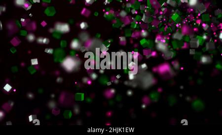 Particelle cubiche che formano la linea su sfondo nero. Animazione. I cubi di diverse dimensioni sono collegati in linea singola. Flusso di particelle cubiche intrappolate Foto Stock