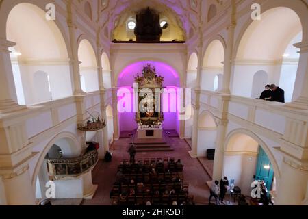 Ausgustusburg, Germania. 30th Jan 2022. Servizio festivo nella chiesa del castello di Augustusburg. Il servizio ha segnato l'apertura dell'anno del festival '450 anni del Castello di Augustusburg'. Credit: dpa/dpa-Zentralbild/dpa/Alamy Live News Foto Stock