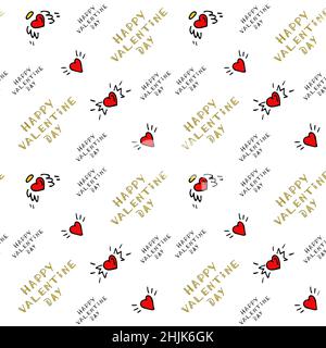 Sfondo bianco con cuori rossi, ali bianche, aloni d'oro e scritte. Modello per la carta da imballaggio. Illustrazione Vettoriale