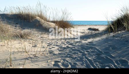 Dune su una spiaggia a Huelva, Spagna con l'Oceano Atlantico sullo sfondo Foto Stock