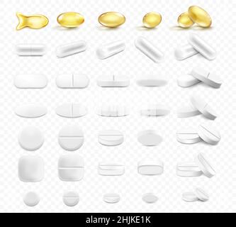 Set di pillole e capsule mediche, isolate su sfondo trasparente. 3D icone vettoriali realistiche. Capsula di vitamine e antibiotici, giallo dorato lucido Illustrazione Vettoriale