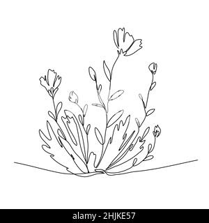 Fiori in una linea. Disegno minimalista del contorno. Grafica a una riga Illustrazione Vettoriale