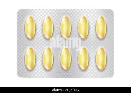 Realistico olio di pesce Omega 3 pillole blister con capsule su sfondo bianco. Mock-up di pillole che confezionano farmaci vitamine. Medico sanitario. 3d vect Illustrazione Vettoriale