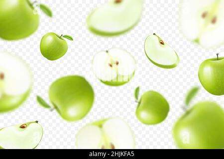 Volare mele colorate. Pubblicità sfondo cadere mele verdi realistiche con effetto sfocato. 3d vettore Illustrazione Vettoriale