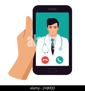 Illustrazione di telemedicina , esame medico su smartphone, paziente che ha una conversazione online con il medico Illustrazione Vettoriale
