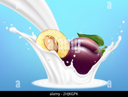 Prugna viola con latte o yogurt spruzzi e gocce. Prugna in flusso di yogurt. Illustrazione vettoriale realistica a 3D, isolata su sfondo blu. Pronto all'uso f Illustrazione Vettoriale