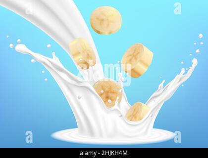 Una spruzzata di latte o yogurt con fette di banana. Illustrazione vettoriale realistica a 3D, isolata su sfondo blu. Pronto all'uso per il tuo progetto. Illustrazione Vettoriale