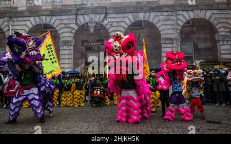 Edimburgo, Scozia, Regno Unito, 30th gennaio 2022. Festa di Capodanno cinese: L'anno della Tigre è celebrato con una danza dei ballerini del Leone e del drago presso le camere della città di Edimburgo Foto Stock