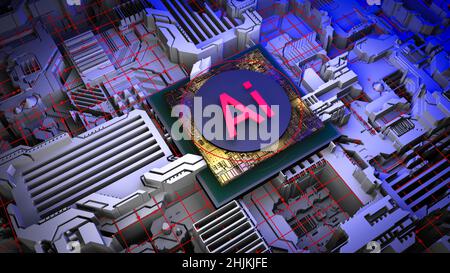 Concetto di immagine ai 3D. Microprocessore per computer con intelligenza artificiale su sfondo digitale. Microprocessore per computer con intelligenza artificiale su sfondo digitale. Neurotecnologie digitali ai. Illustrazione 3D di alta qualità Foto Stock