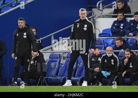 Cardiff, Regno Unito. 30th Jan 2022. Steve Morison manager di Cardiff City durante la partita a Cardiff, Regno Unito, il 1/30/2022. (Foto di Mike Jones/News Images/Sipa USA) Credit: Sipa USA/Alamy Live News Foto Stock