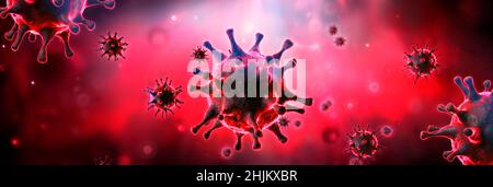 Varianti Covid Omicron e Deltacron - Covid-19 Coronavirus in Red Fluid - 3D rendering Foto Stock