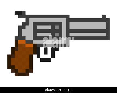 Pixel art: Una pistola o un revolver grigio, che punta a destra. Foto Stock